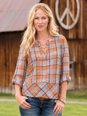 Sundance Plaid V-Neck Tunic in Orange and Gray Small Silk